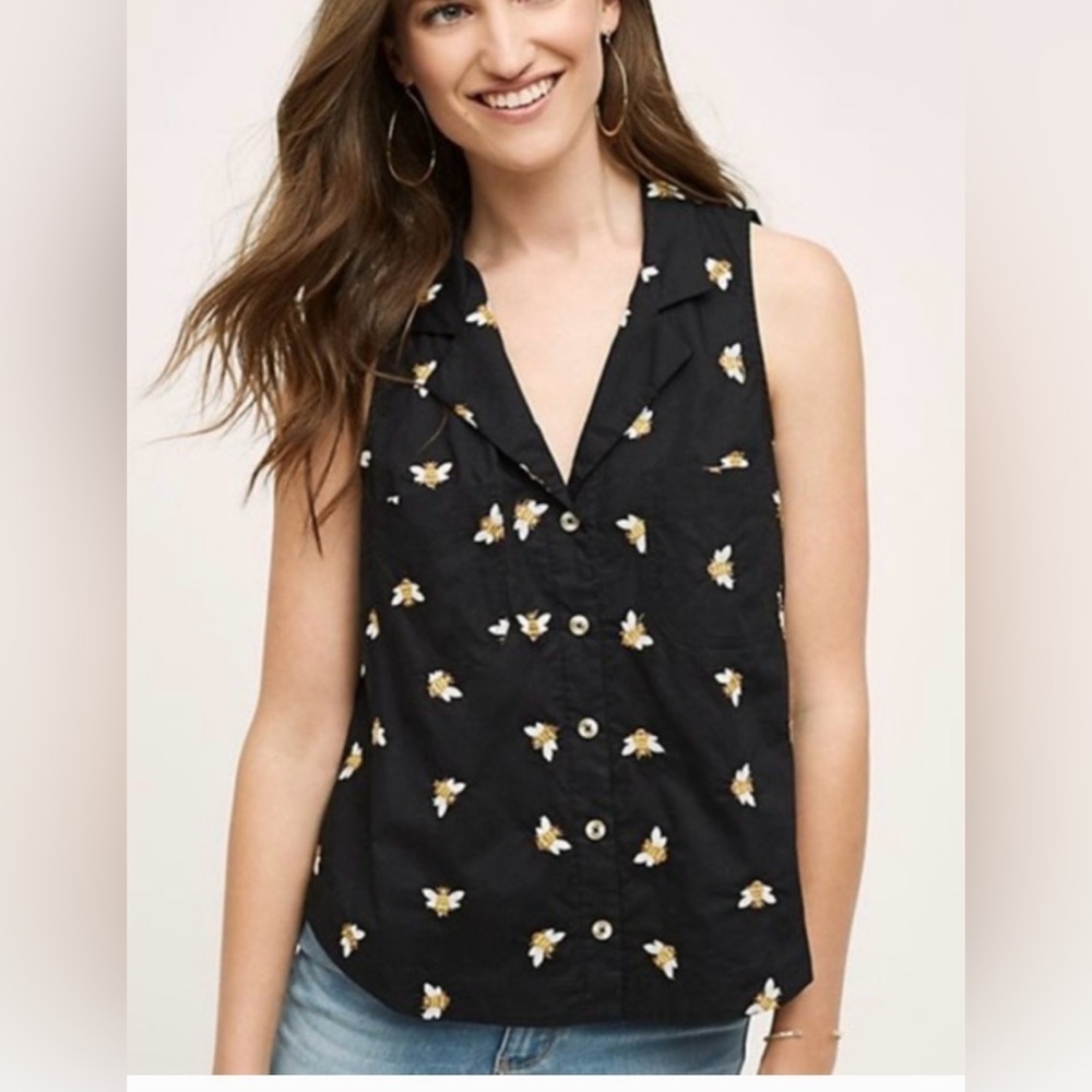Anthropologie HD in Paris Embroidered Bee Sleeveless Top in Black Size 10